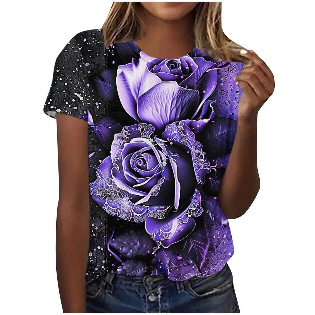 Summer Round Neck Women's T-shirt Fashion 3D Printing Colorful Floral Print Short Sleeve T-shirt Casual Sports Top