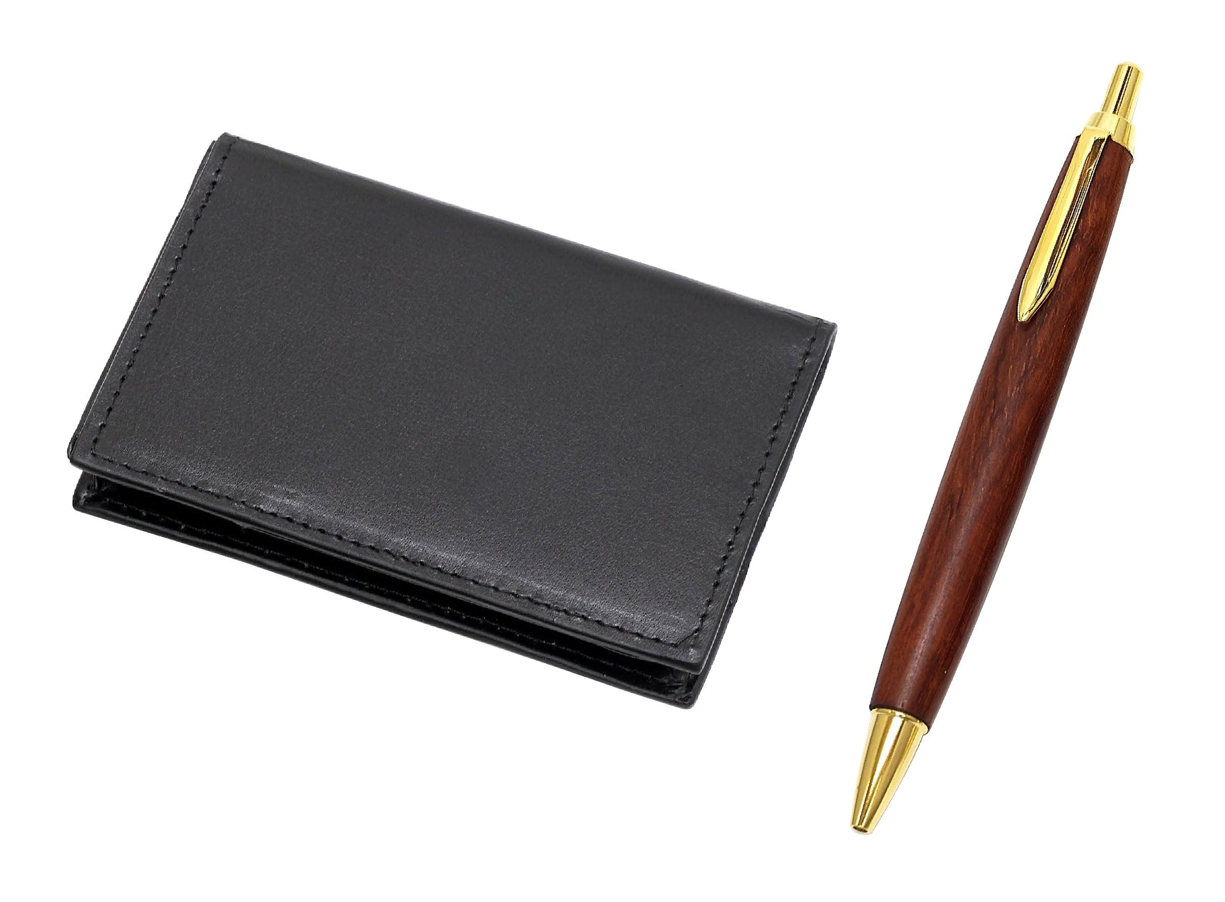 

Recycled Cowhide Business Card Holder and Wooden Barrel Retro Ballpoint Pen Set 4-Pocket T23-LS030B-HS48S
