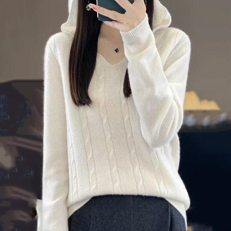 2026 Autumn/Winter Women's Hooded Knit Cashmere Hoodie - Soft & Fluffy Base Layer, Red New Year Edition
