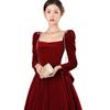 Weinrot Samt Toasting Kleid: Prinzessin 2026 Langarm Verlobungskleid der Braut