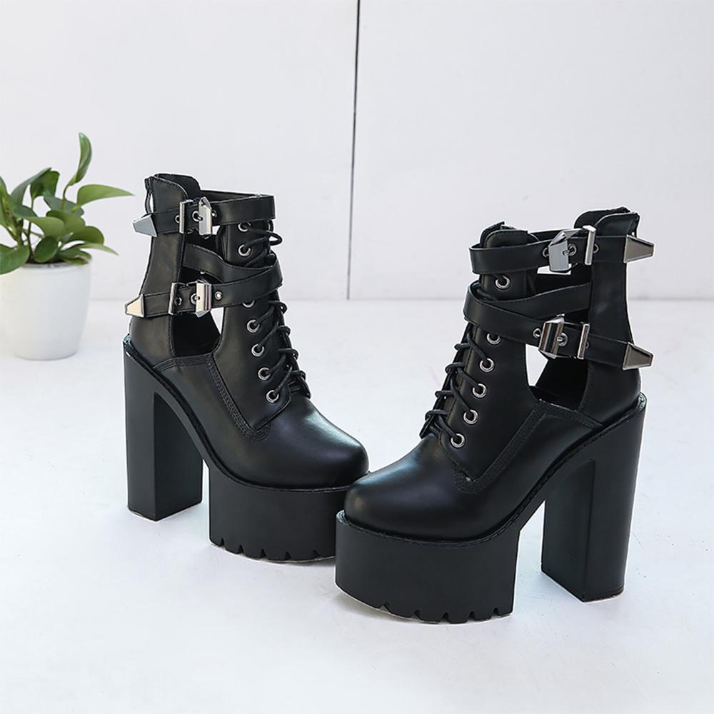 Womens Boots for Nightclub Shoes High Heels Hollow Out Ankle Boots Platform Heels Gothic Black Leather Short Boots for Lady