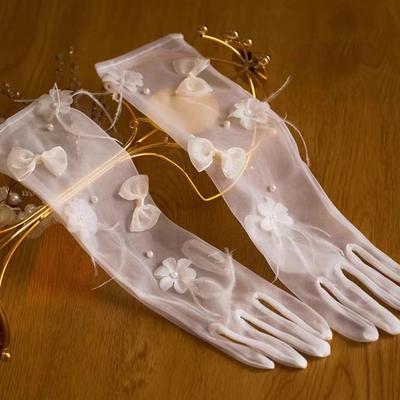 Mesh Bride Wedding Gloves Beautiful Bowknot Feather See-through Decor Gloves Pography Accessories