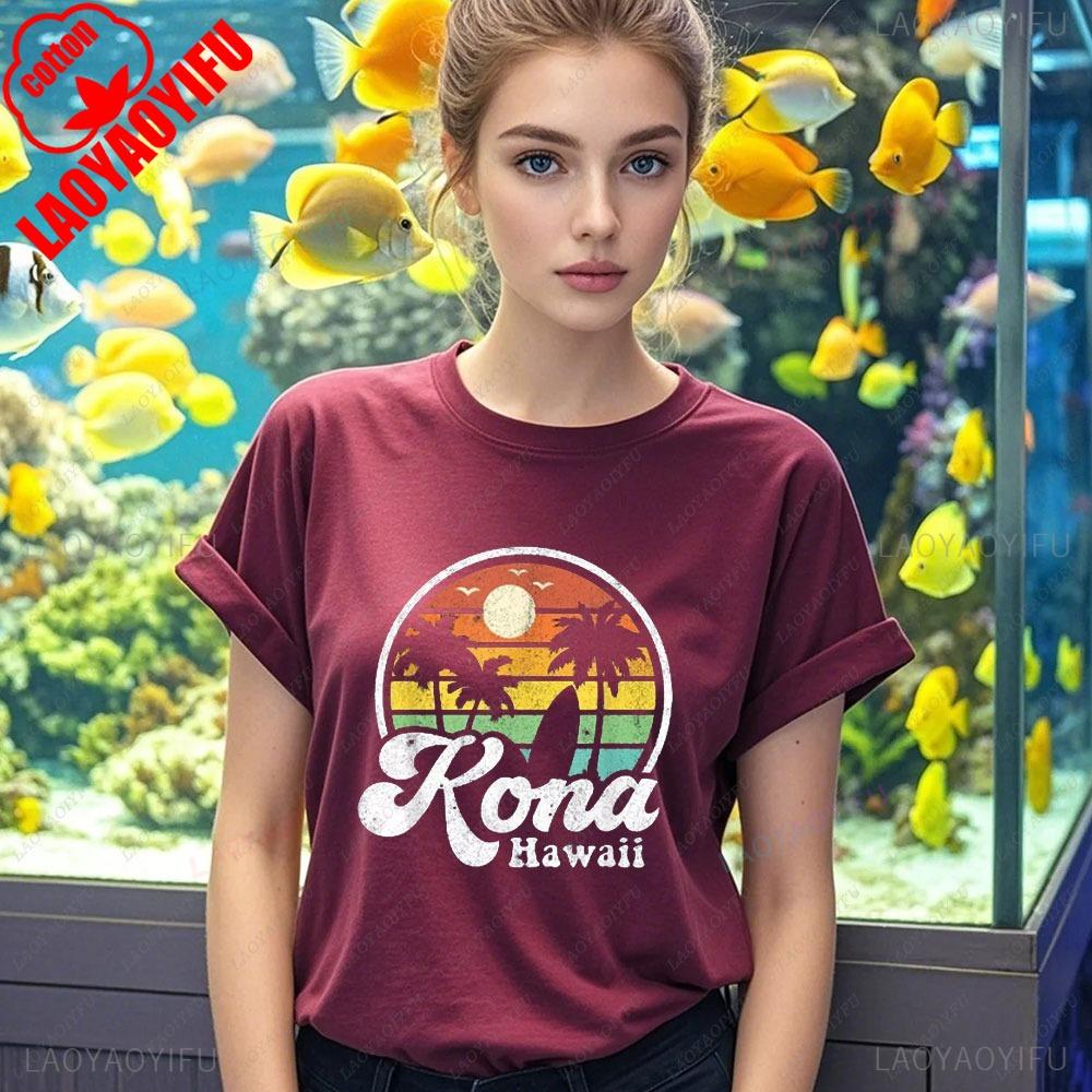 

Vintage Kona Beach Women Unisex Short Sleeve Tops Hawaiian Surf Breathable Cotton Black Tshirt Hawaiian Surf 70s Gift Tshirts S
