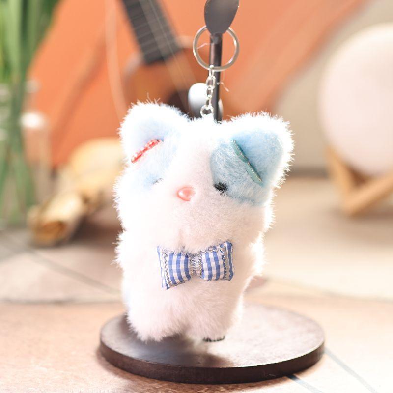 Cute Animal Plush Doll With Checkered Bow Decoration For Bags And Keys