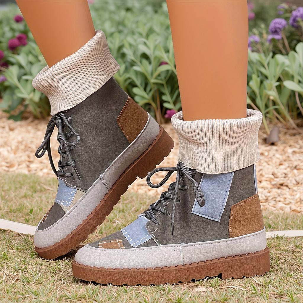 Beige & Blau Karierte Klobige Niedrige Absatz Schnürstiefeletten - Runde Zehenpartie Lässig Winter mit Sohle & Obermaterial aus Stoff