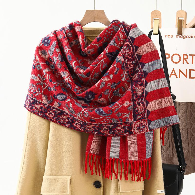 Jacquard Scarf Shawl with Decorative Imitation Cashmere Scarf for Women Winter High End New Style Thickened Ethnic Style Shawl