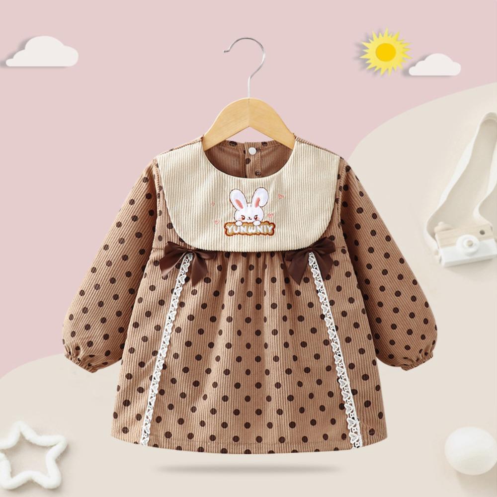 

Baby Girls Art Smock Long-Sleeve Waterproof Apron Bibs Floral Embroidered Ruffle Collar Stain-Resistant Corduroy Burp Cloth 90