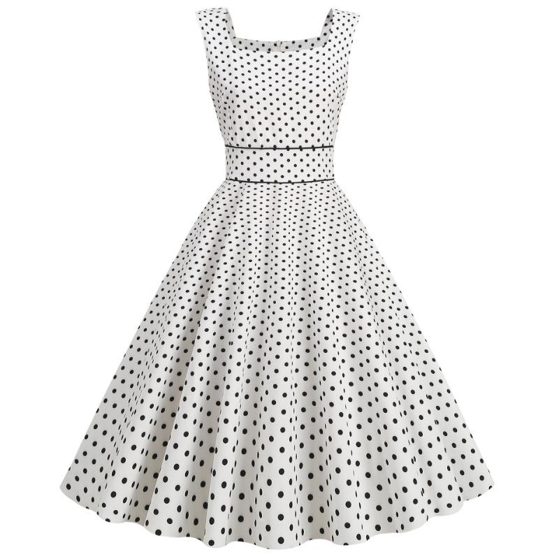 Retro Source SS Temperament Square Neck Vest Sleeveless Waist Polka Dot Swing Skirt