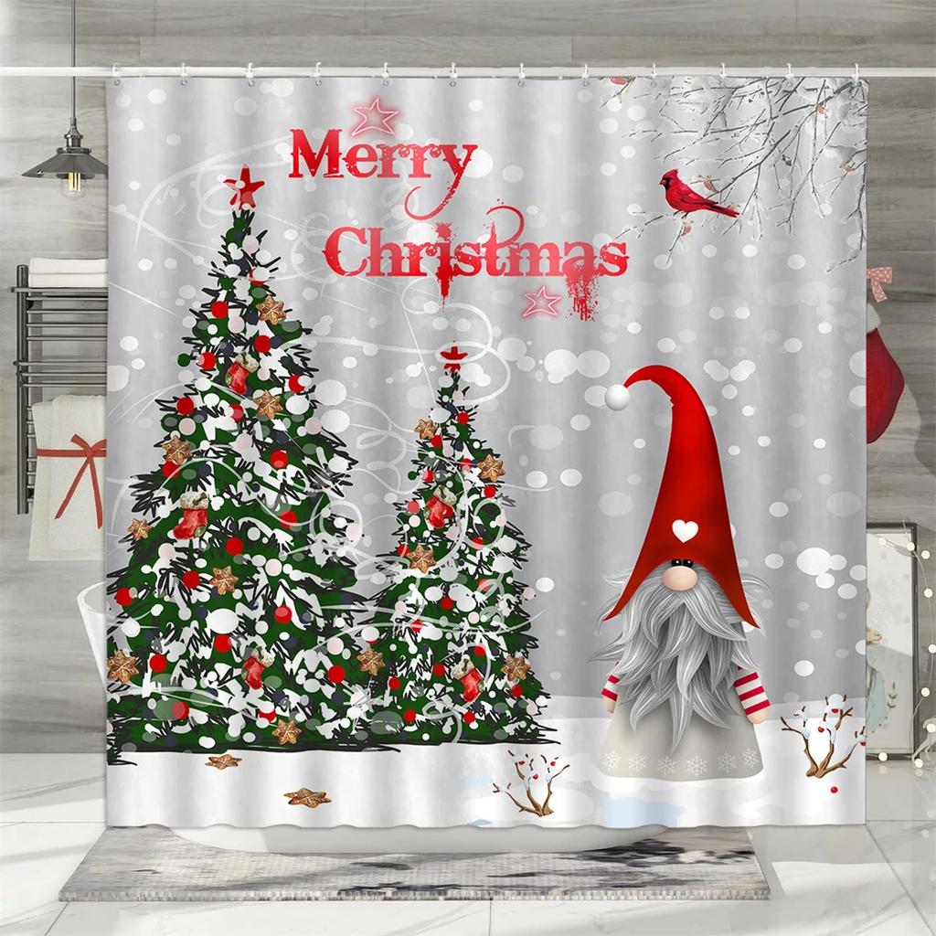 unframed Christmas Shower Curtain, Winter Snowman Father Christmas Farmhouse Truck Snowflake Christmas Tree Red Bird Bathroom De