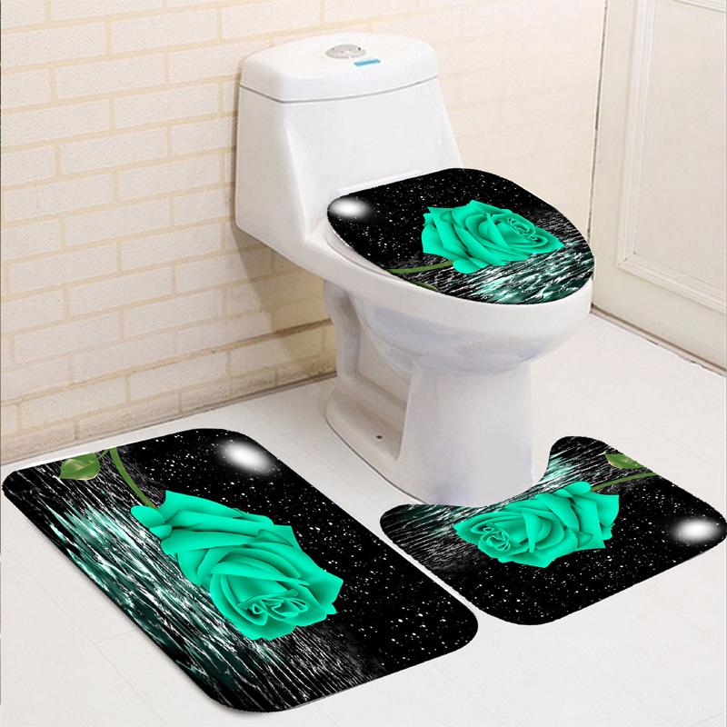 3D Rose Flower Shower Curtain Set Non-Slip Rugs Bath Mat Toilet Lid Cover and 12 Hooks Waterproof Polyester Bathroom Decor