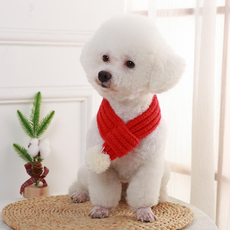 Winter Warm Knitted Scarf for Small Dog Neck Warmer Scarves with Pompom Ball Christmas New Year Festival Pet Puppy Cat Scarf
