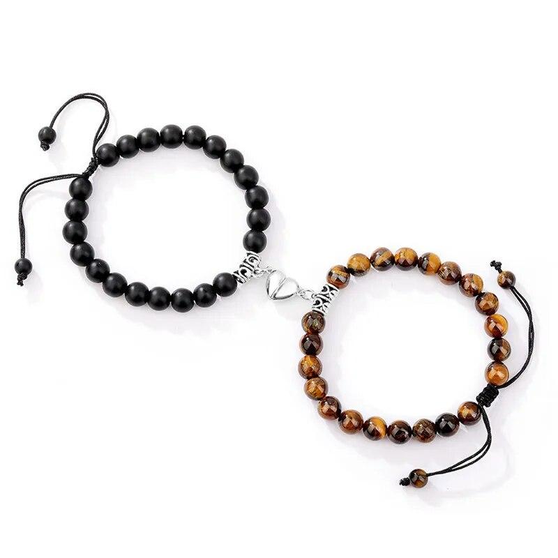 Trendy Couple 2Pcs/Set Natural Stone Beads Love Heart Magnetic Bracelet For Women Men Charm Peach Beaded Bracelets Jewelry Gifts