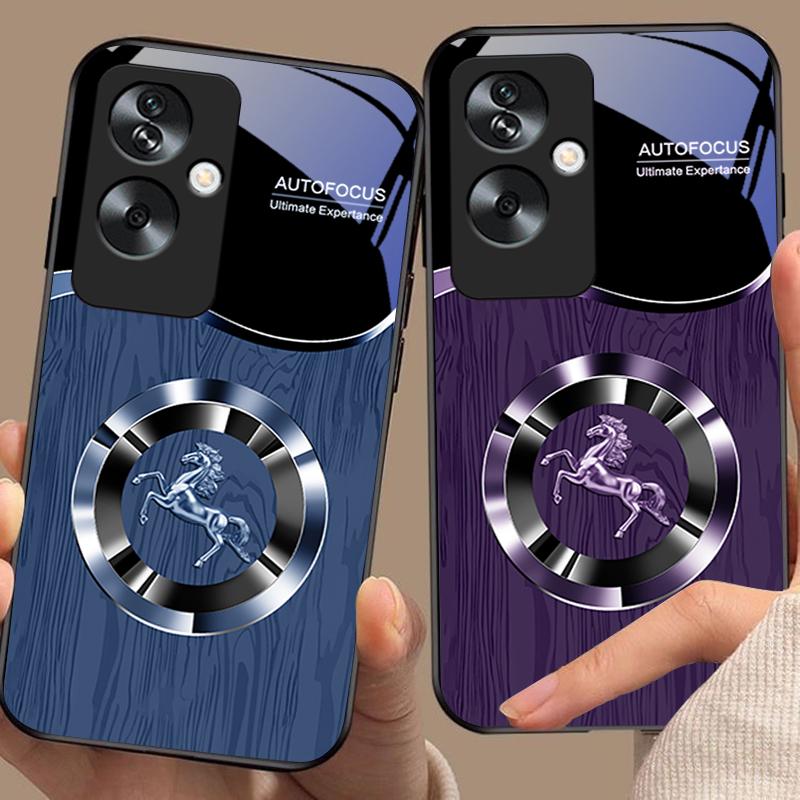 Wood Grain Horse Blue For Oppo A79 5G 58 78 74 60 4G Reno 11F Realme GT 6 11 Note 50 10 C55 X2 Tempered Glass Black Phone Case
