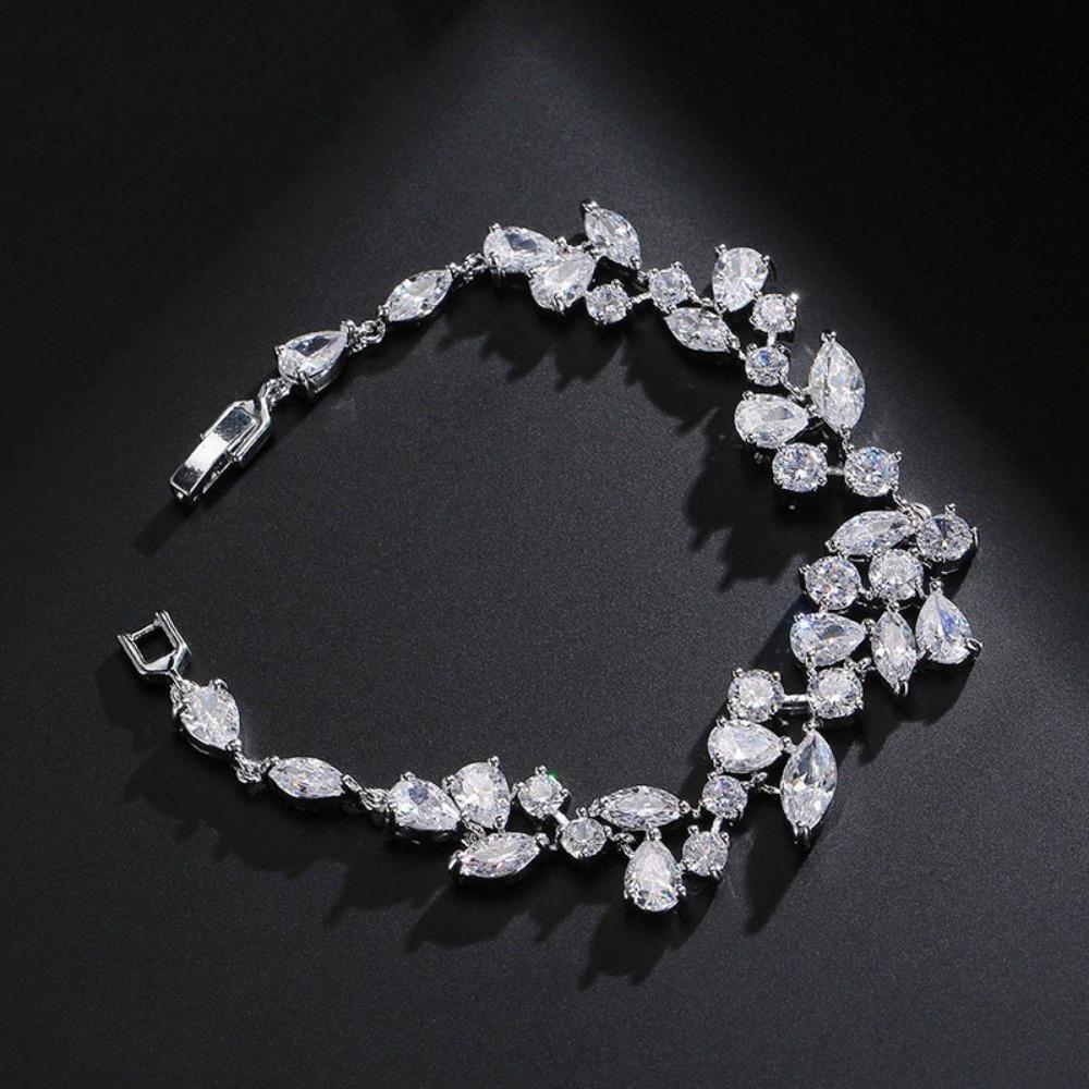 Shiny Crystal Leaf Shape Bracelet Silver Color Wristlet Plant Design Dangle Earrings  Gift Bangle