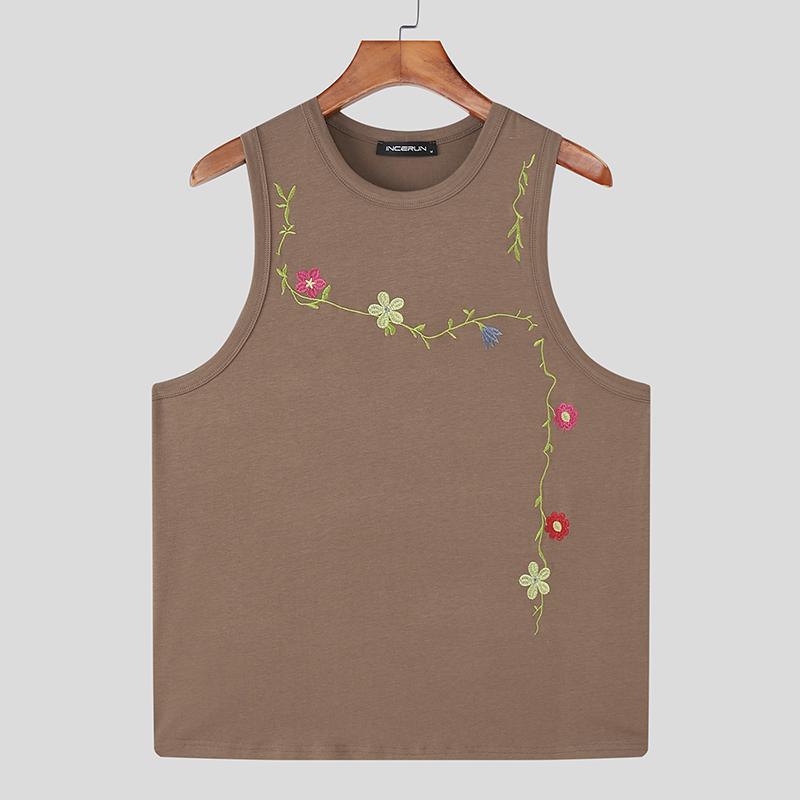 

INCERUN Летние мужские майки без рукавов с круглым вырезом, вышивкой, повседневные, свободные, тонкие 4XL коричневый