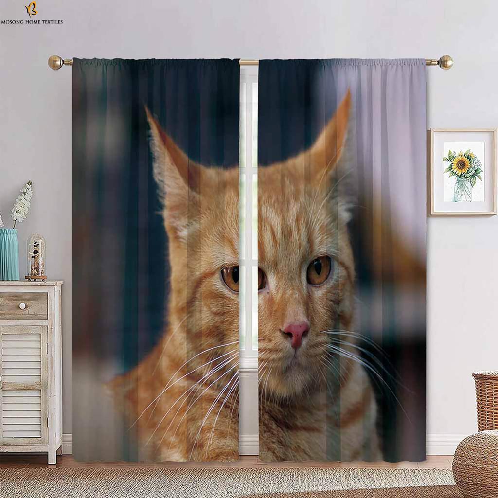 Set Of 2 Cat Animal Pattern Decorative Curtains Cartoon Cute Boys Girls Bedroom Children Room Polyester Fiber Printing Curtain For Made