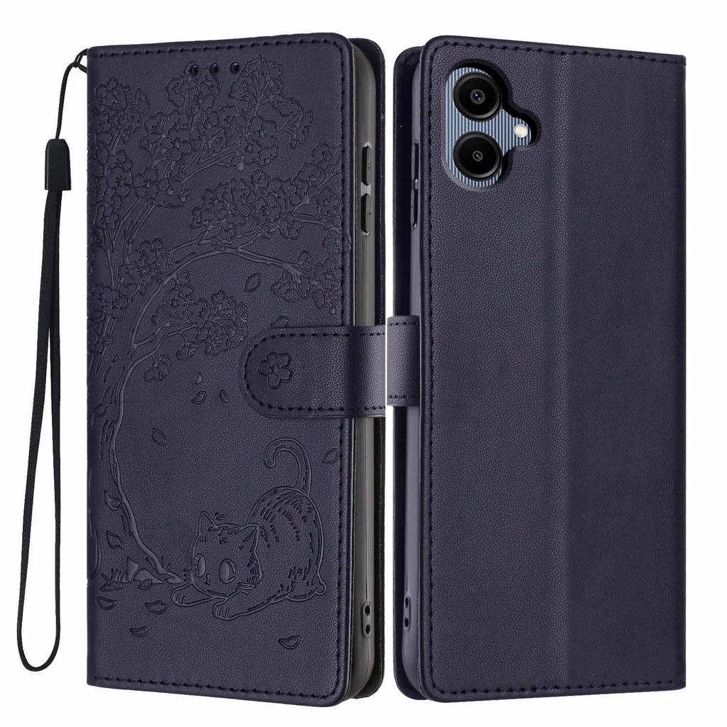 For Samsung Galaxy A06 4G Stand Case Tree-and-Cat Pattern PU Leather Wallet Protective Phone Cover with Wrist Strap