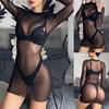 Ladies Sexy Net Gauze Transparent Dress Women's Long-sleeved Cropped Top Feminine Dress Mini Dress Thin Black Dress