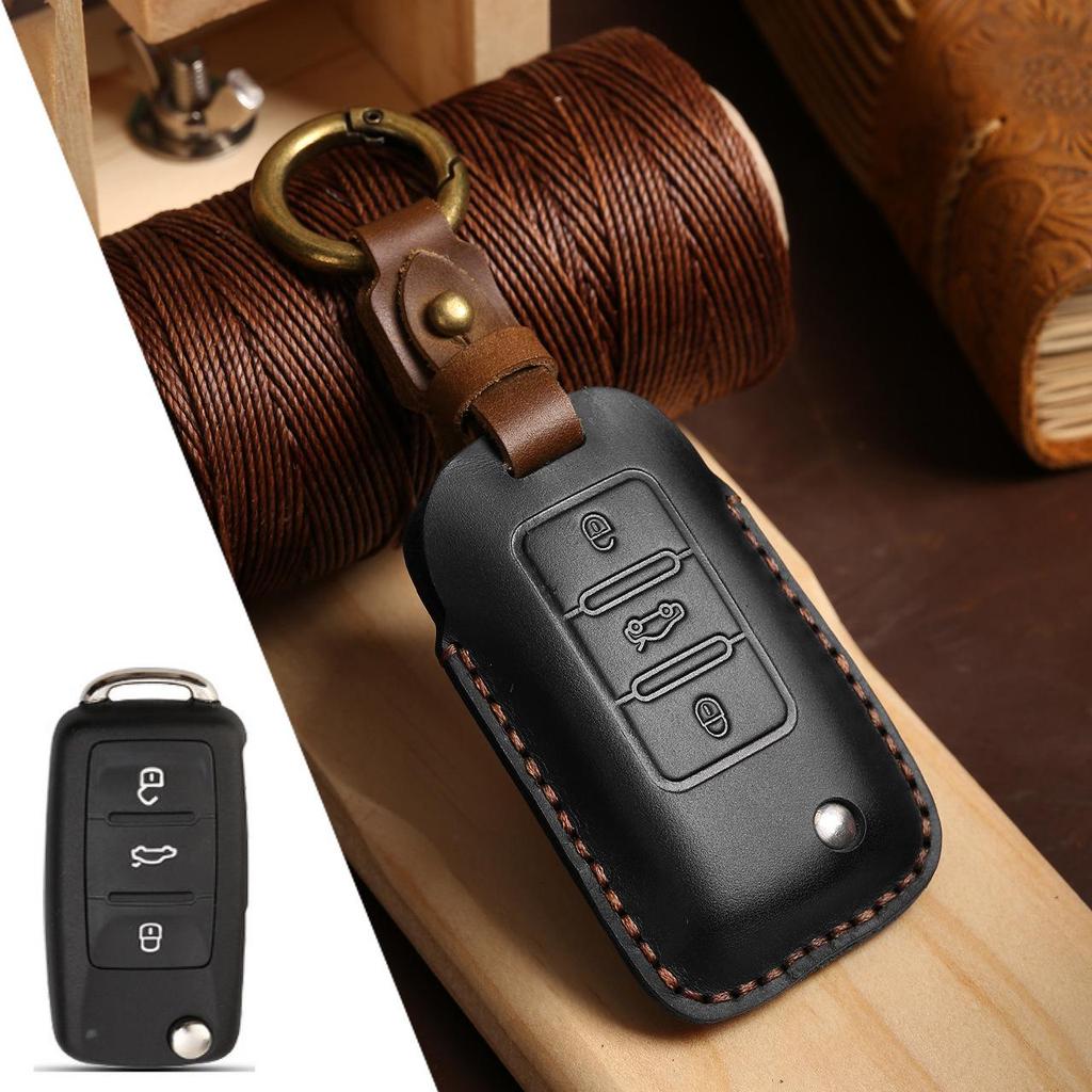 Cowhide Car Key Cover for Volkswagen Golf, Santana, and Bora - Protective Shell Bag