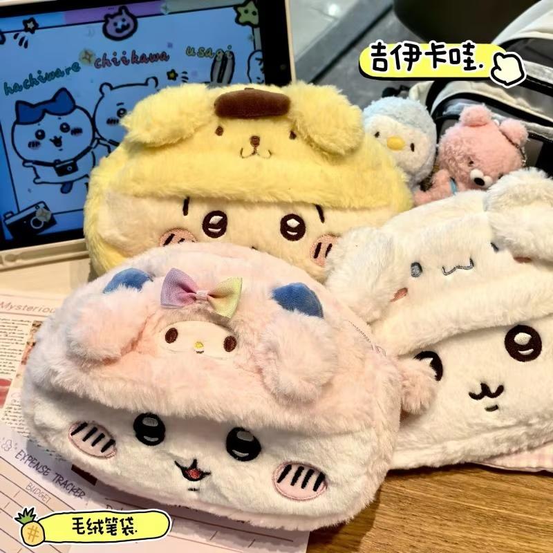 Chiikawa Anime Plush Pen Case Cartoon Usagi Hachiware Large Fluffy Cute Stationery Pouch Student Birthday Gifts For Girls
