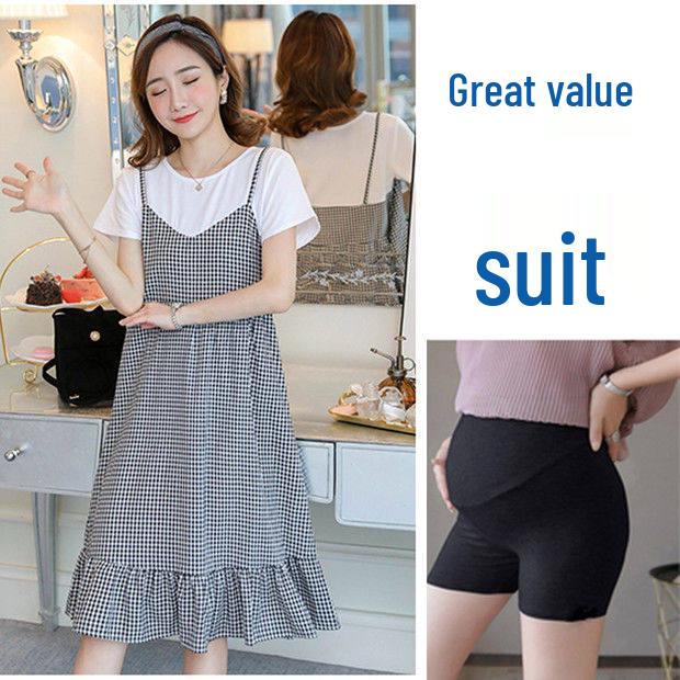 2025 Celebrity-Inspired Maternity Summer Two-Piece Patchwork Dress - Short Sleeve, Mid-Length, Loose Fit