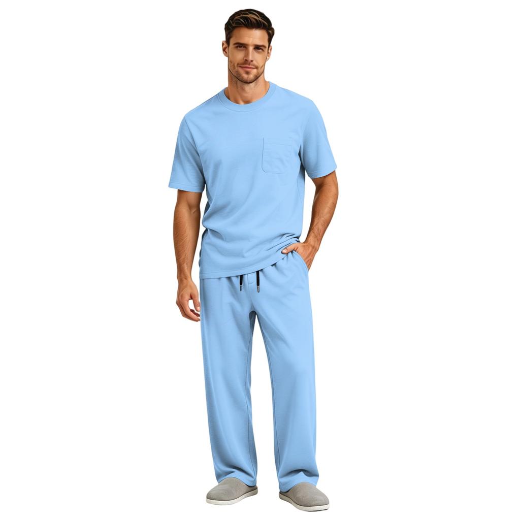 Men's Short Sleeve Pajama Set with Button Crotch and Elastic Waist Drawstring Pants for Sleepwear