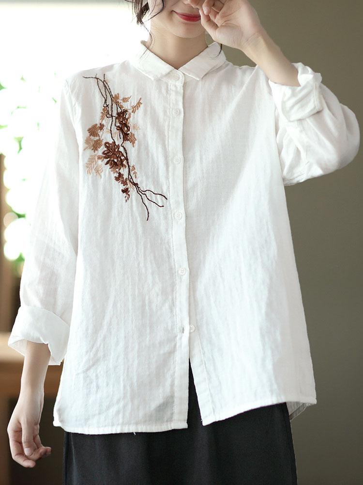 Johnature Women Vintage Embroidered Cotton Blended Shirt Turndown Collar Casual Long Sleeve Blouse Spring Loose Shirts