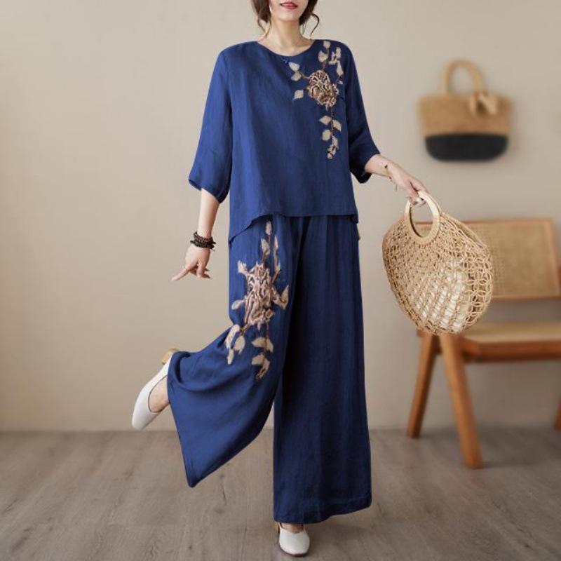 Completo Due Pezzi Estivo Floreale Ricamato in Cotone e Lino Taglie Forti da Donna - Maglia a Pullover e Pantaloni Leggeri