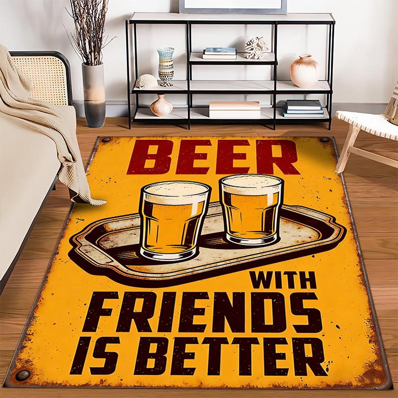 Beer Theme Carpet with Two Glasses and Friends Quote Design Suitable for Use As an Anti-slip for Living Room Bedroom Sofas