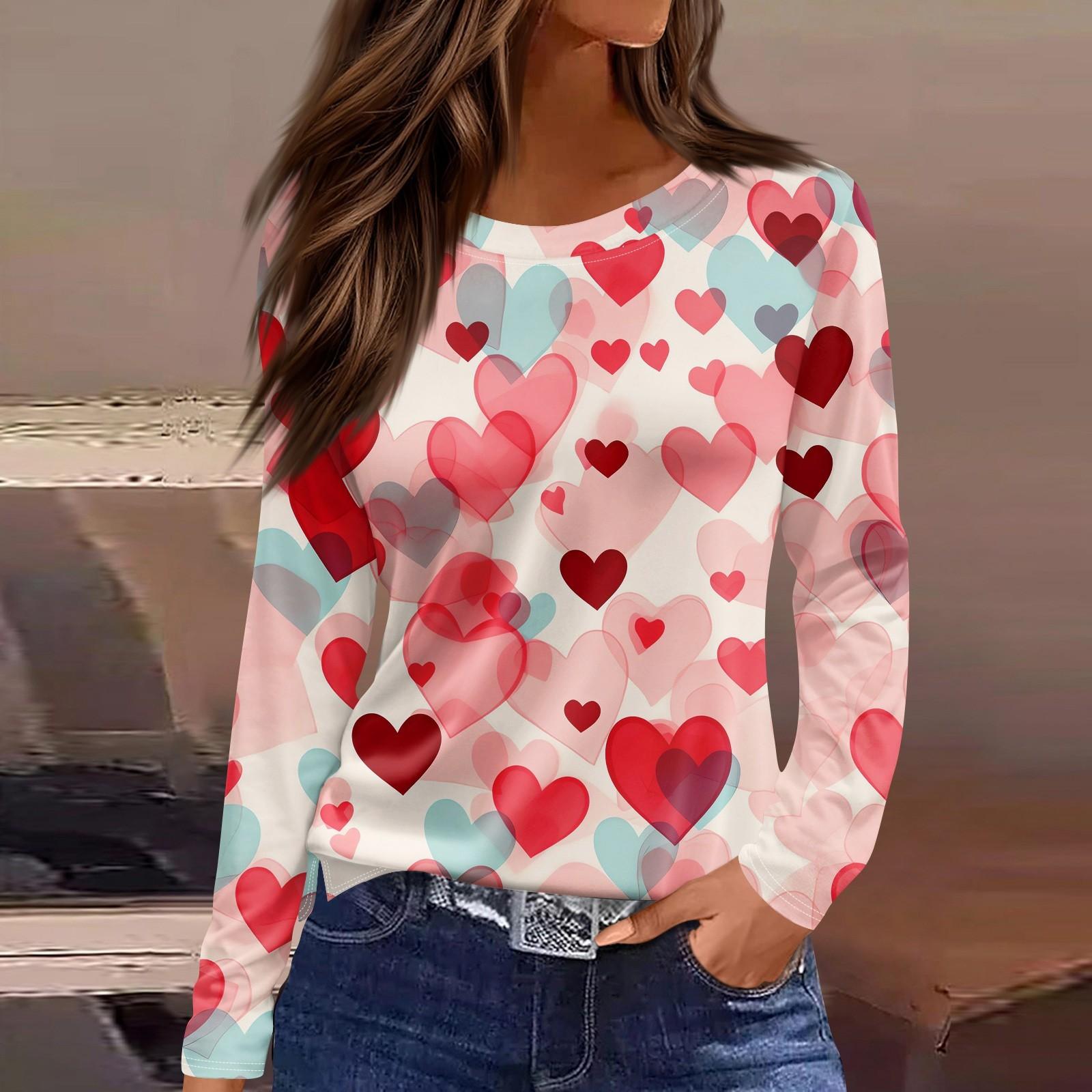 

Женская модная повседневная футболка с разрезом и круглым вырезом, длинным рукавом, с принтом ко Дню святого Валентина, женская футболка M