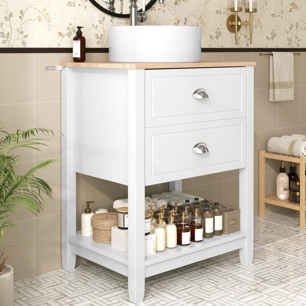 Mobile da Bagno con Lavabo Rotondo in Ceramica – Lavabo Singolo con 2 Cassetti e Vano a Giorno – Autoportante, in Bianco e Effetto Legno