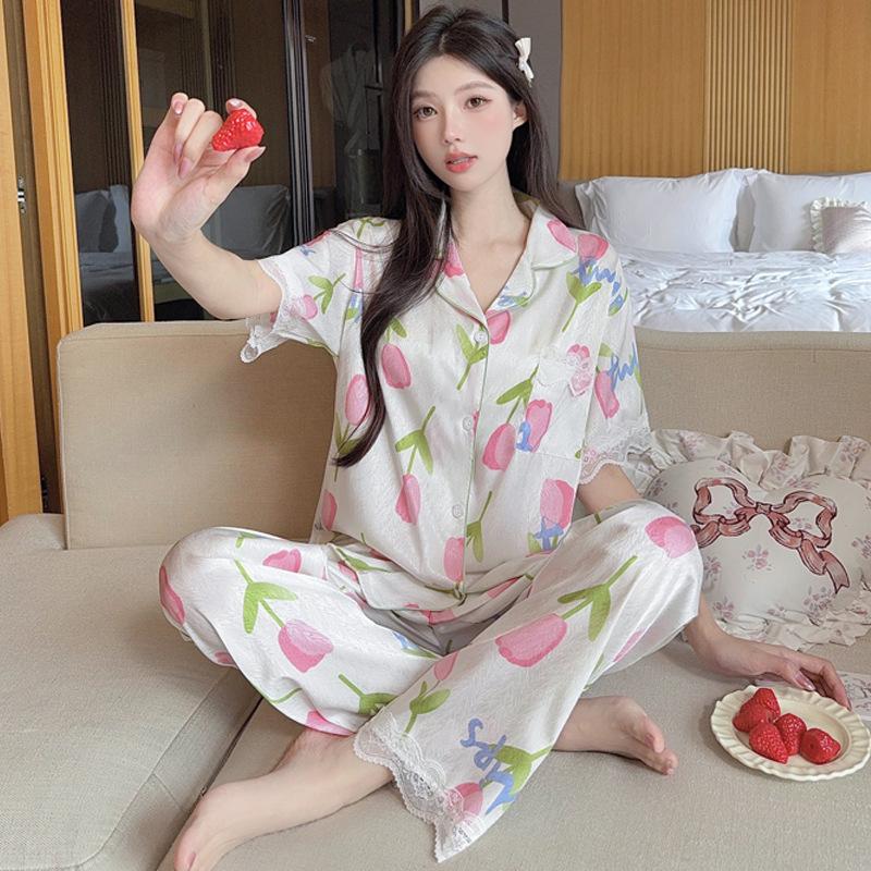 Ice Silk Pajamas Female Cute Wind Bear Summer High-End Cartoon Short-Sleeved Trousers Loungewear