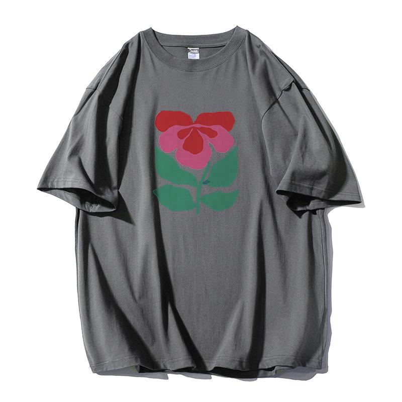 Shellsuning Krásné Květiny Tištěné Tričko pro Ženy Letní Nadměrné Ležérní O-výstřih Jednoduché Univerzální Dívčí Trička Základní Harajuku Pár Topy