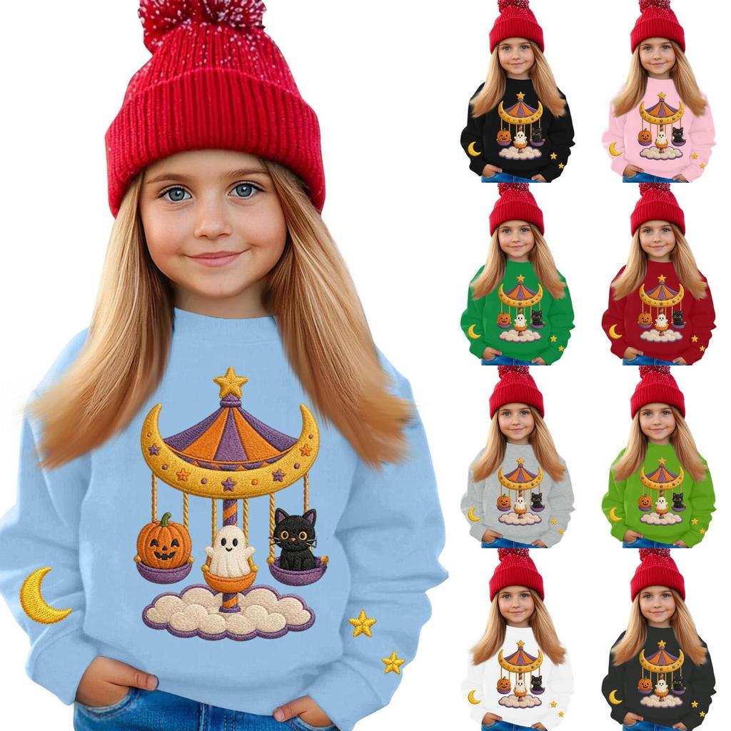 Kids' casual long-sleeved sweatshirt with Halloween print, suitable for holiday parties and everyday wear.
