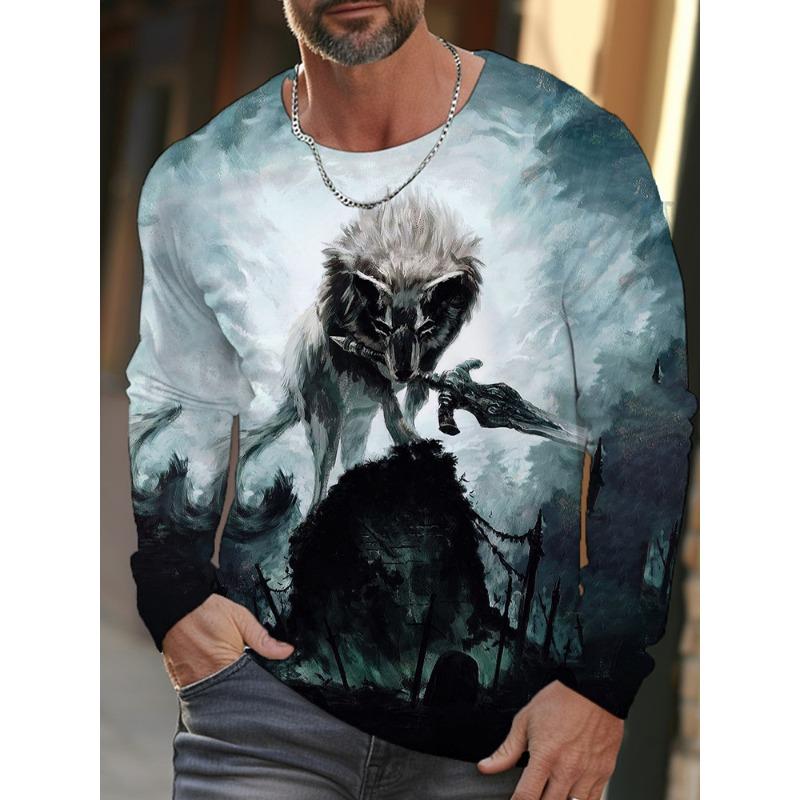 2025 3D Wolf Print Men's Round-neck T-shirt Street-style Men's Long-sleeved T-shirt Autumn-winter Daily Casual Men's Warm Top