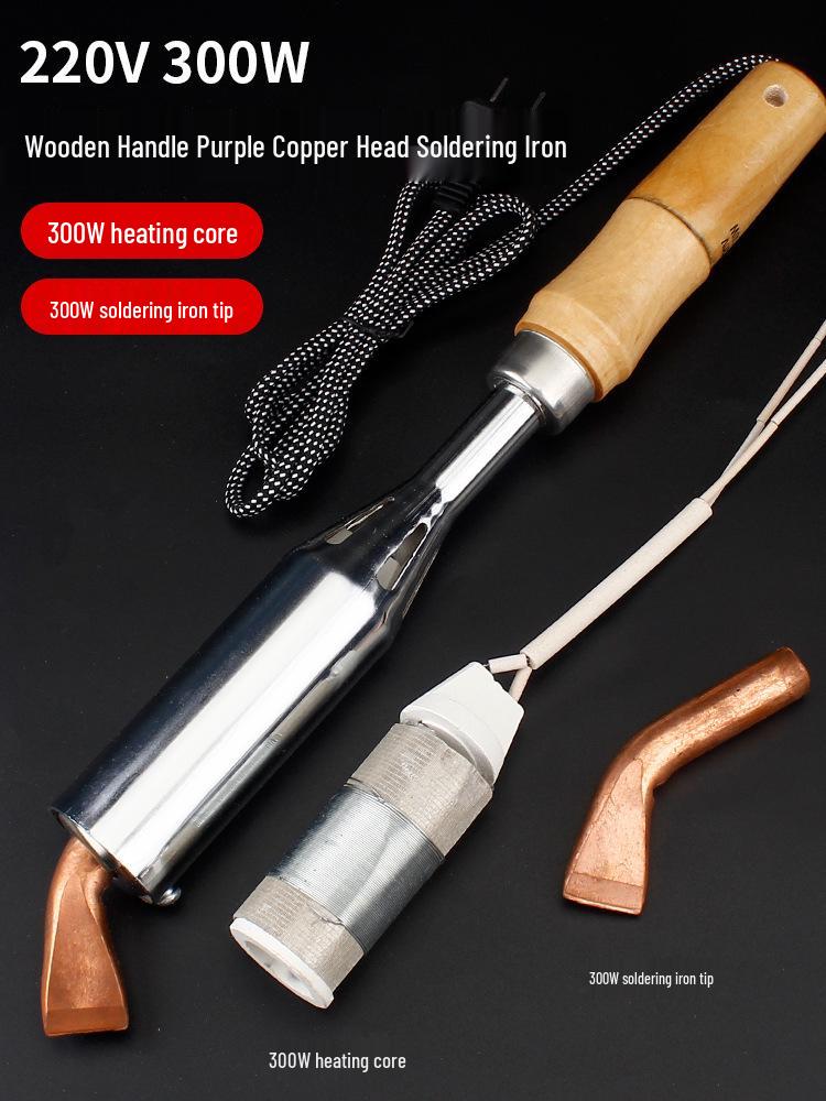 High-Power Electric Soldering Iron Set with Wood Handle - Purple Copper Bent Flat Tip for Household Electronics Repair.