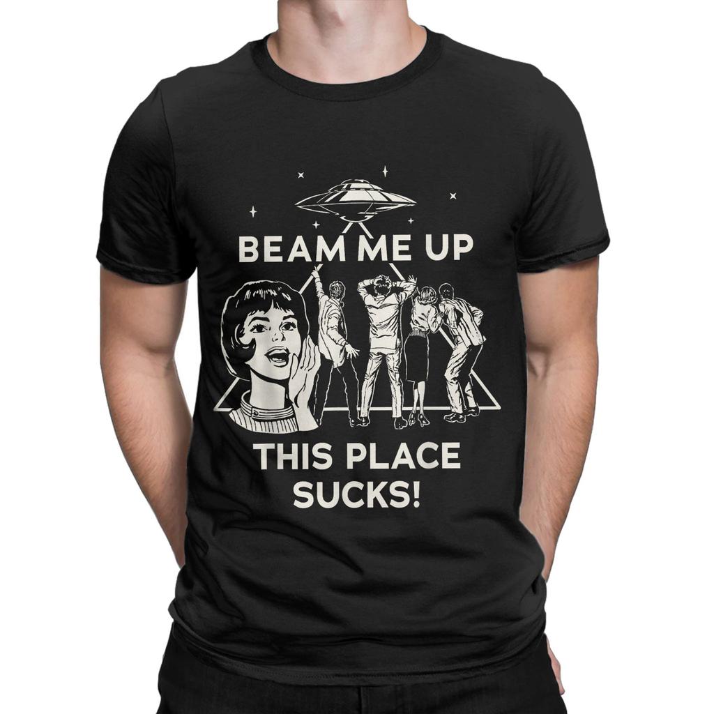 Harajuku T-Shirt Strand Beam Me Up Dieser Ort ist Mist! Hipster T-Shirts 100% Baumwolle T-Shirt für Herren Y2K-Muster Kurzarm-T-Shirts
