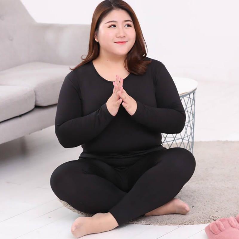 2 piezas Ropa interior térmica de cuello redondo cálida de color sólido de alta calidad talla grande calzoncillos largos conjuntos moldeadores para mujer M-10XL