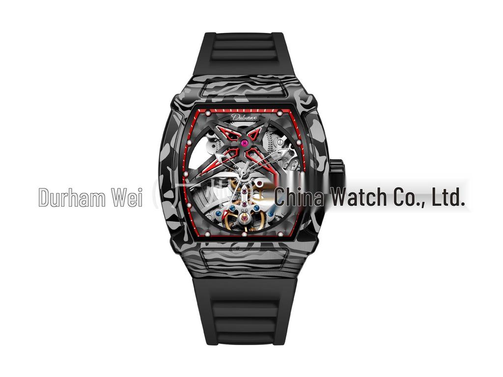 Durham Yao Men's Waterproof Mechanical Watch - Tonneau-Shaped Alloy Case with Carbon Fiber Design and Skeleton Dial