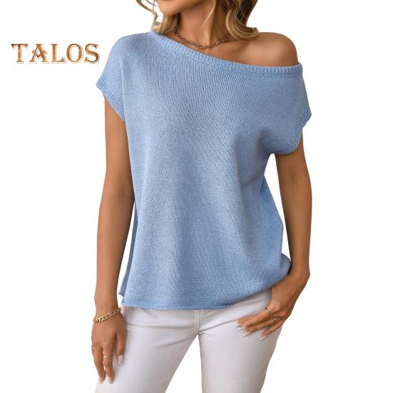 Women Tops Short Sleeve Screw Collar Solid Color T-Shirt Spring Summer Stretchy Pullover Tops Daily Wear