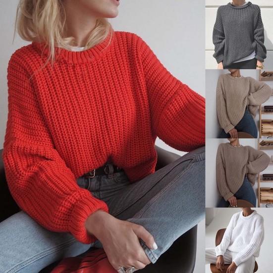 O-Neck Long Sleeve Knitted Sweater Ribbed Edge Solid Color Coarse Yarn Women Sweater Female Clothing