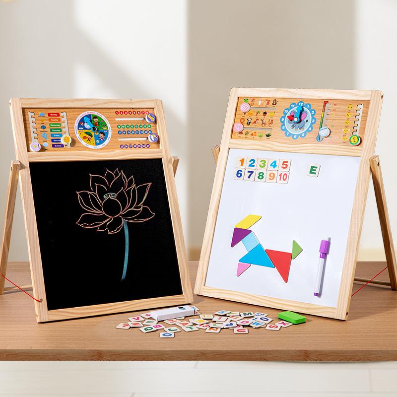 Magnetic Double-Sided Wooden Kids Whiteboard and Chalkboard - Foldable Drawing and Writing Board Toy