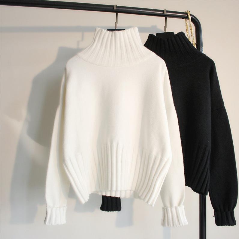 Lucyever Pulls Femme Automne Hiver Noir Blanc Doux Épais Coupe Ample Tricotés Pullovers Femme Manches Longues Col Roulé