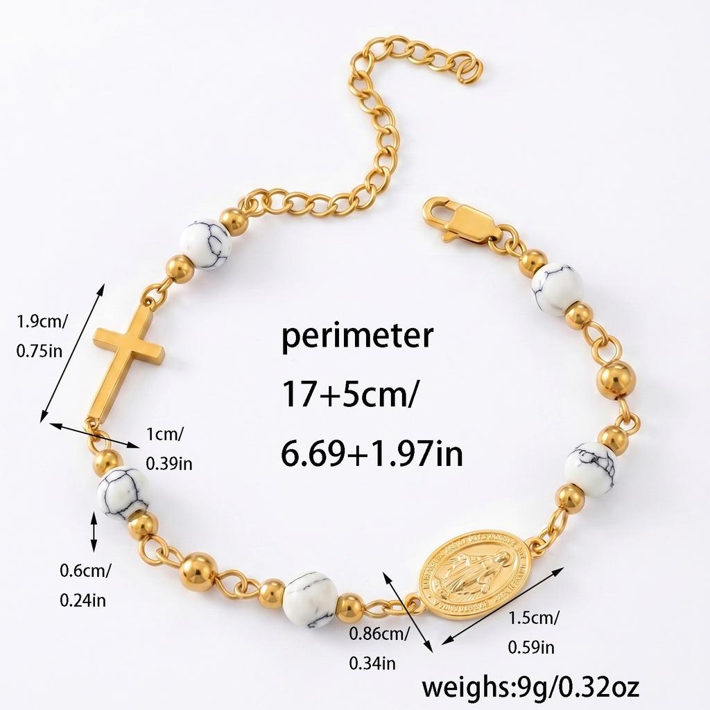 Stainless Steel Virgin Mary Cross Bracelet Natural Stone Beads Catholic Miraculous Medal Jewelry