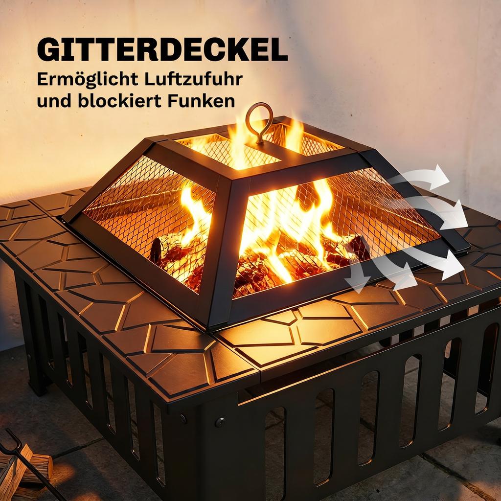 Fire Bowl made of Steel Fire Pit with Spark Guard Poker for Outdoor BBQ Camping 67x67x47cm Black