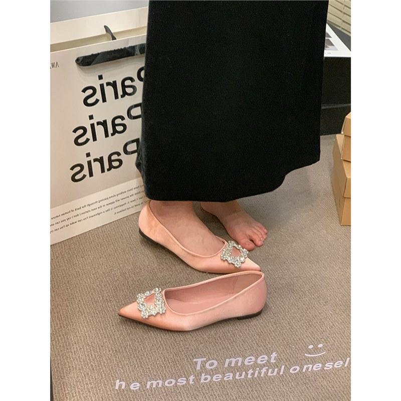 French temperament satin single shoes women's spring pointed rhinestone square buckle with skirt flat bottom ladyshoes