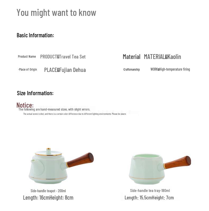 Jade Green Travel Tea Set: One Pot, Four Cups, with Wooden Side Handle and Tea Caddy.