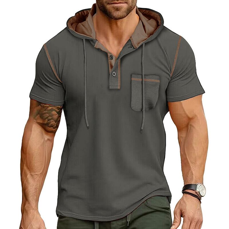 Men's Color Block Trim Hooded Henley Short Sleeve T-Shirt