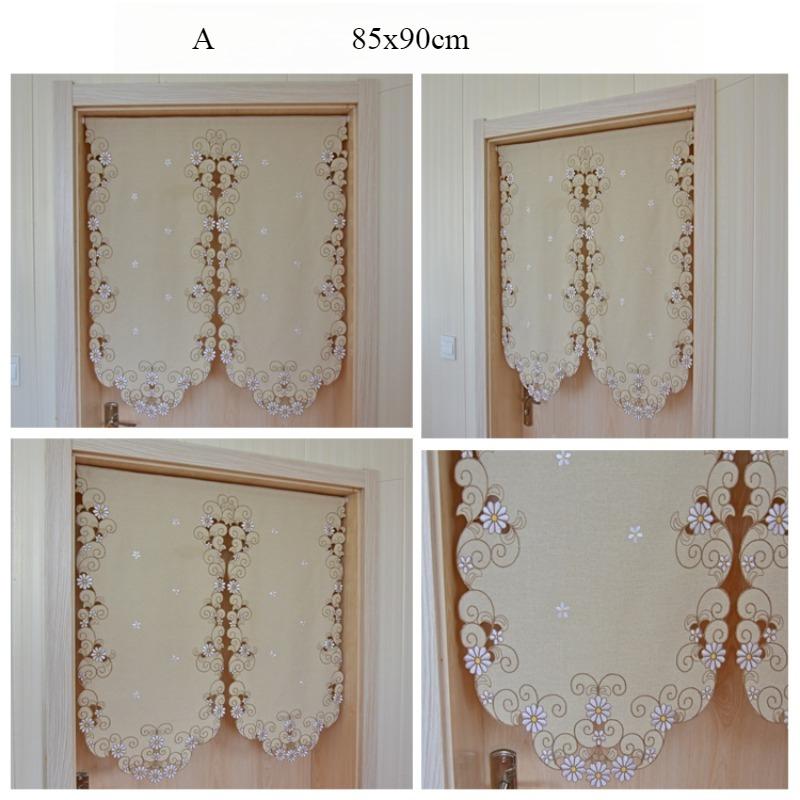 Rideau Court Kaki Clair Tissu Brodé Rideau de Porte Marguerite Rideau Élégant pour Chambre Salon Salle de Bain Cuisine, Sans Tringle, 1 pièce