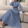 Women's Long Sleeve Pleated Dress Full Polka Dot Print Necktie Ankle-Length Skirt Without Belt Fashion